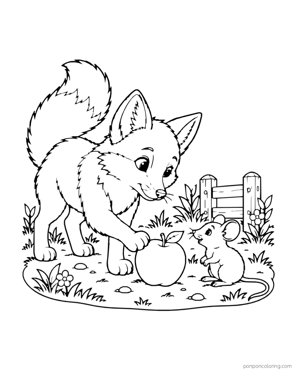 A fox reaches toward a round apple beside a small mouse and short fence.