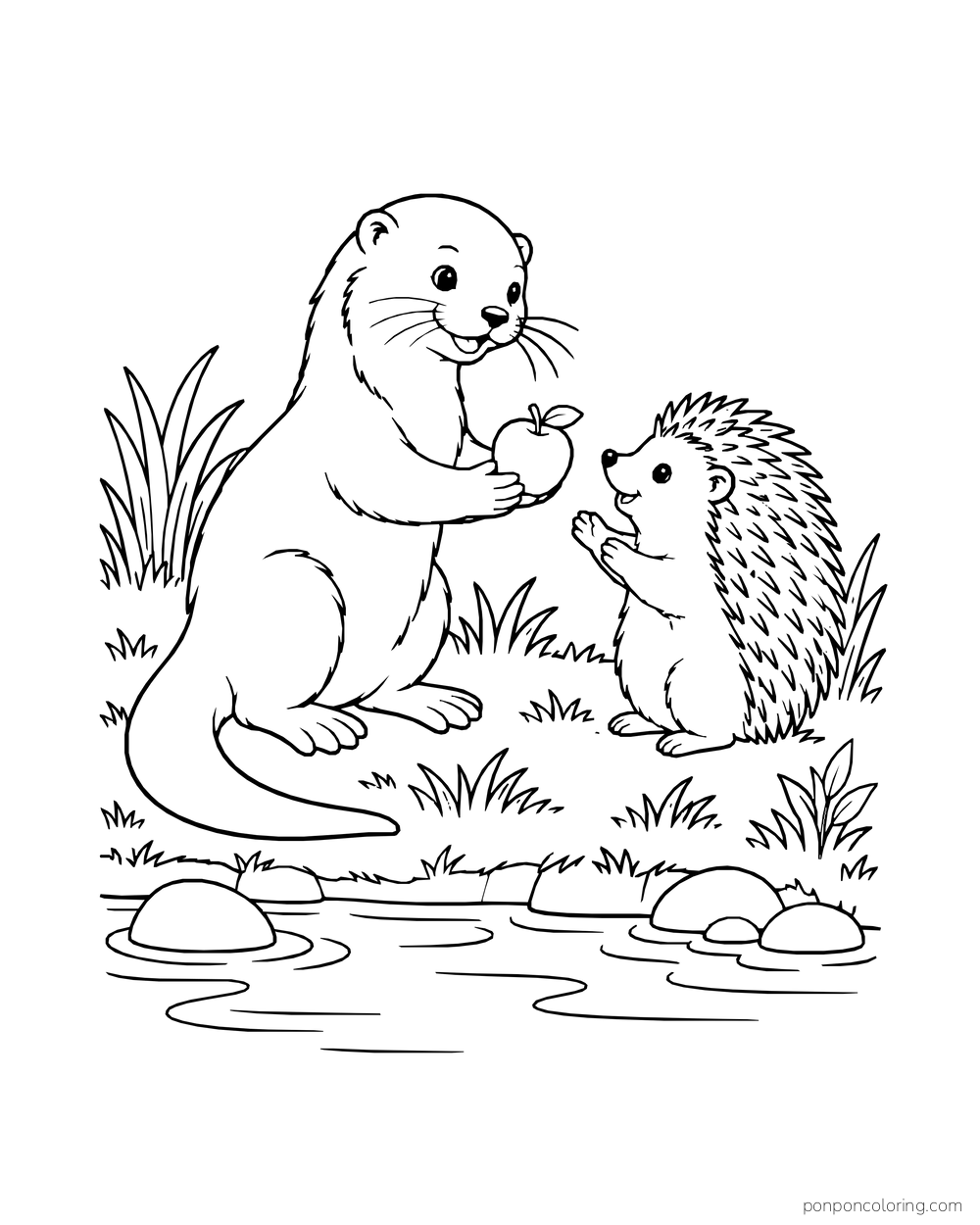 Otter offering an apple to a hedgehog on a grassy riverbank.