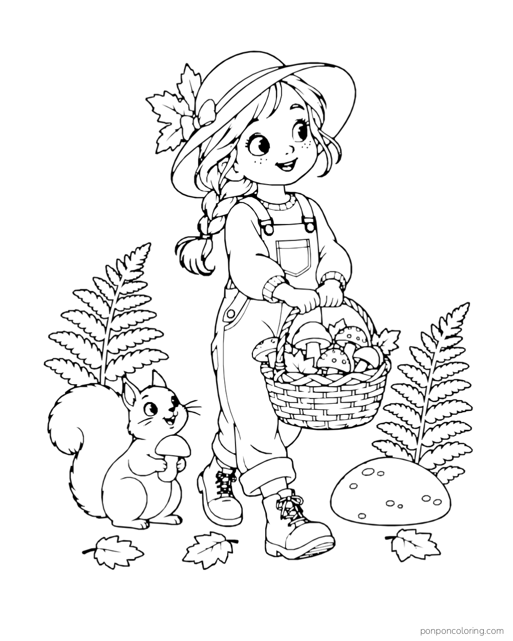 A girl carries a basket of mushrooms beside a squirrel, ferns, and a spotted stone.