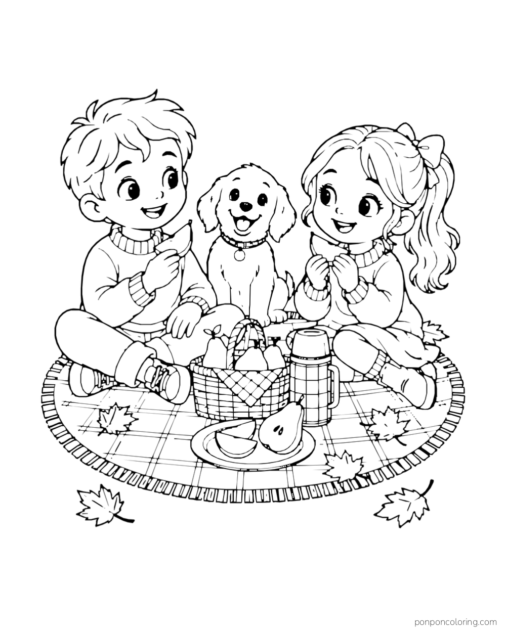 Two children and a puppy share a picnic on a round blanket with pears and a flask.