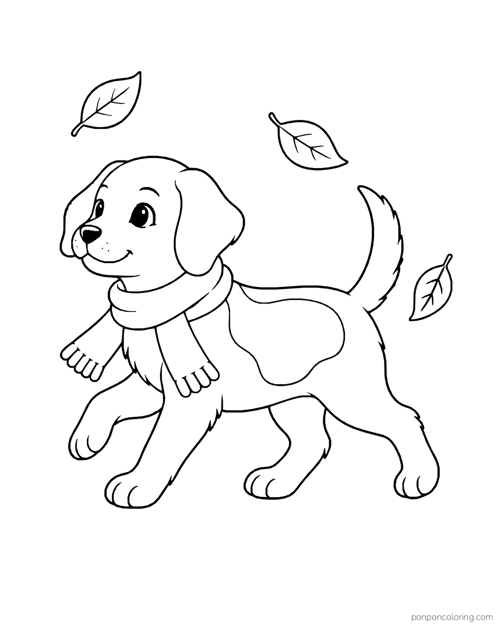 A puppy trots left with one paw raised, a scarf at its neck, and three leaves drifting nearby.