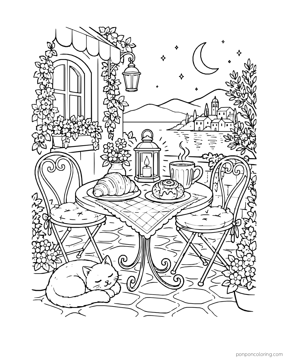 A lantern lights an outdoor café table with pastries and a mug beneath a crescent moon.