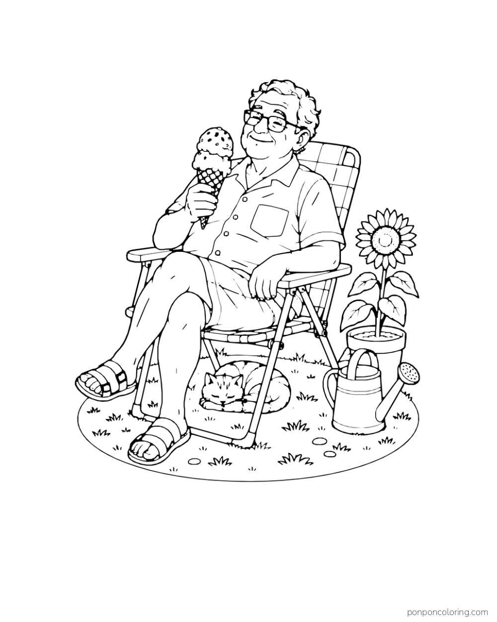 An older man holds a double-scoop cone in a garden chair beside a sleeping cat, sunflower, and watering can.