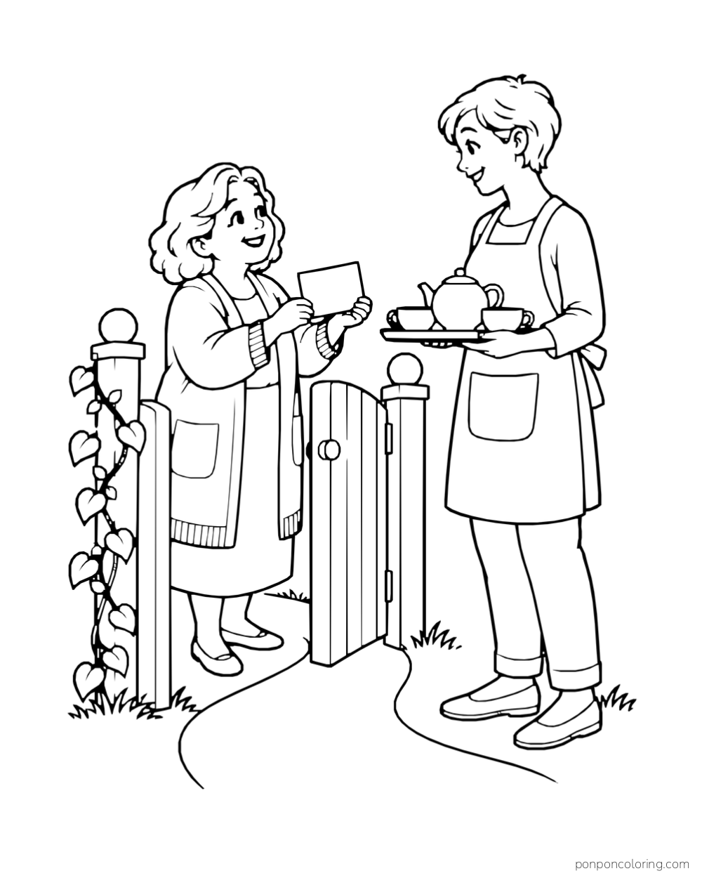 Two neighbors meet at a garden gate as one holds a note and the other carries a tea tray.