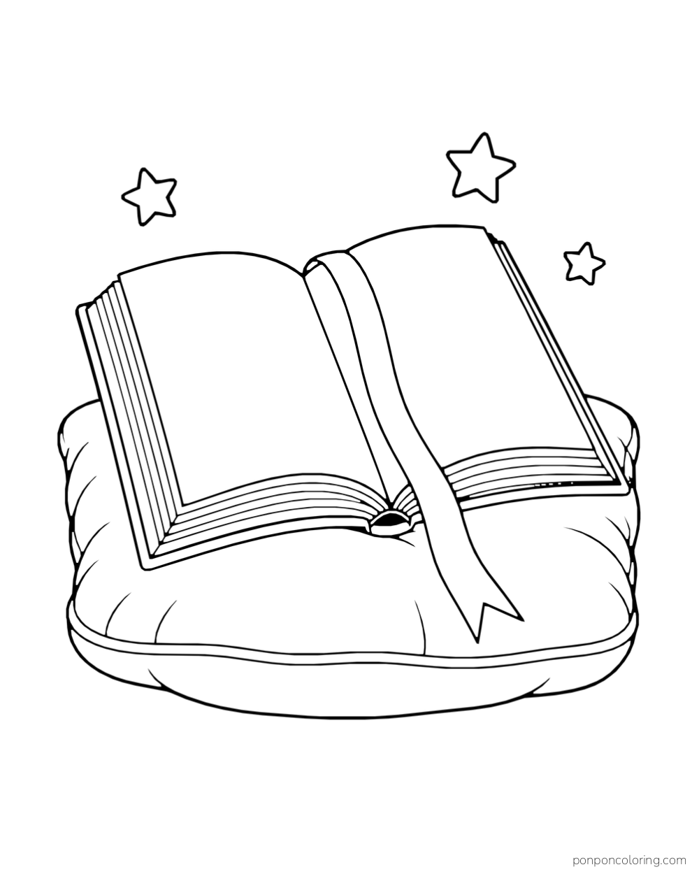 An open book with a long ribbon bookmark on a cushion, with three simple stars above it.