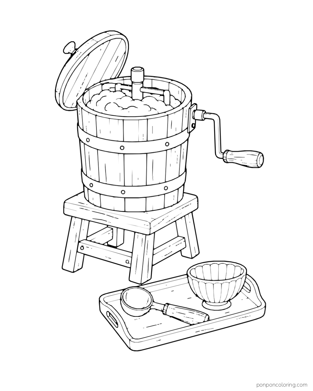An open hand-cranked ice cream churn sits on a stool with a bowl and scoop on a tray.