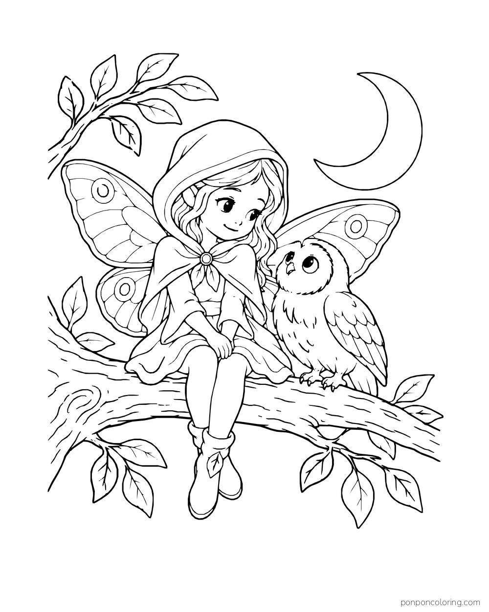 Hooded fairy and owl sitting together on a branch beneath a crescent moon.
