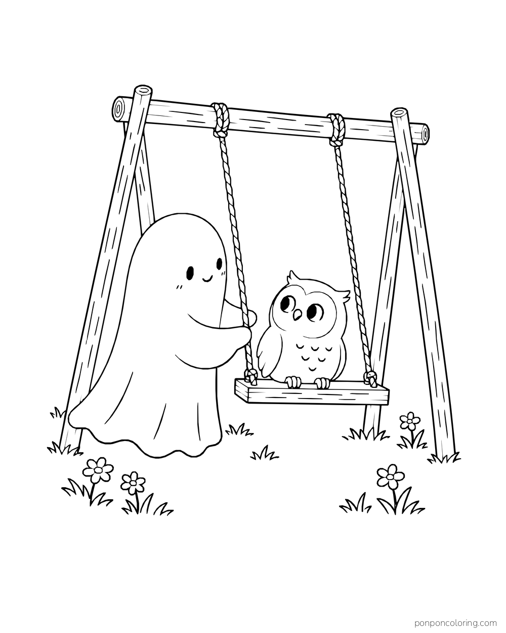 A ghost pushes an owl on a wooden swing among flowers.