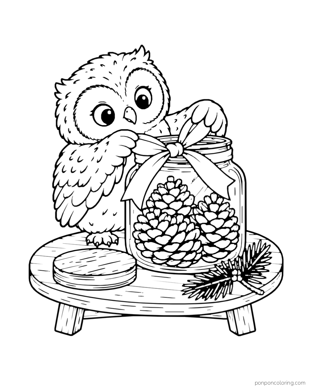 An owl ties a ribbon around a jar of pinecones on a small table beside its lid and a pine sprig.