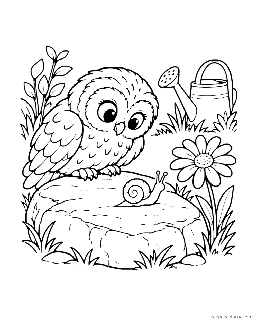 An owl crouches on a broad garden stone and watches a snail near a daisy.