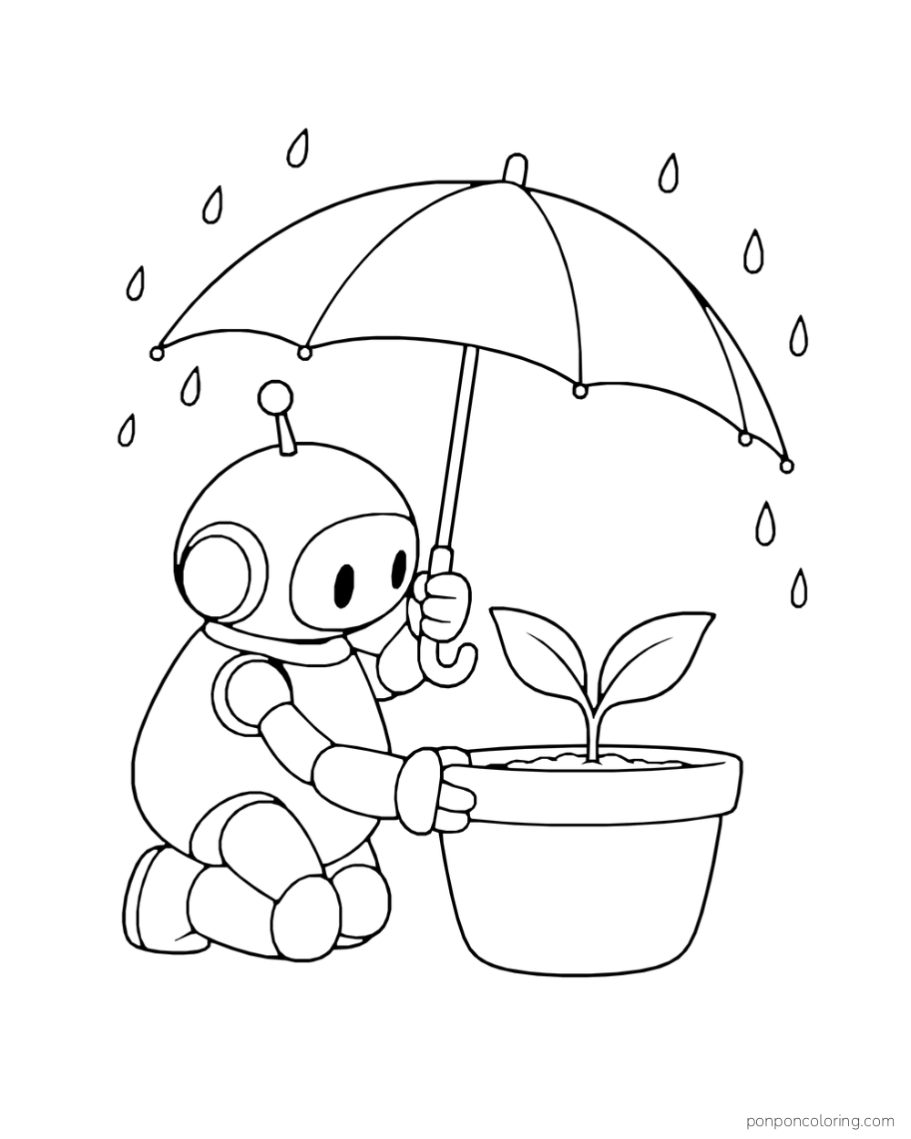 Dome-headed robot shielding a potted seedling with an umbrella.