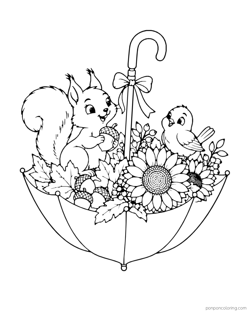 A squirrel and bird sit among sunflowers, acorns, and leaves in an upturned umbrella.