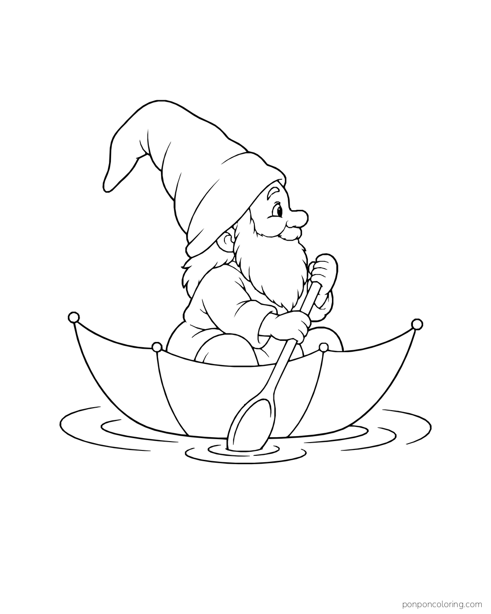 Gnome paddling an upside-down umbrella across a pond with a spoon.