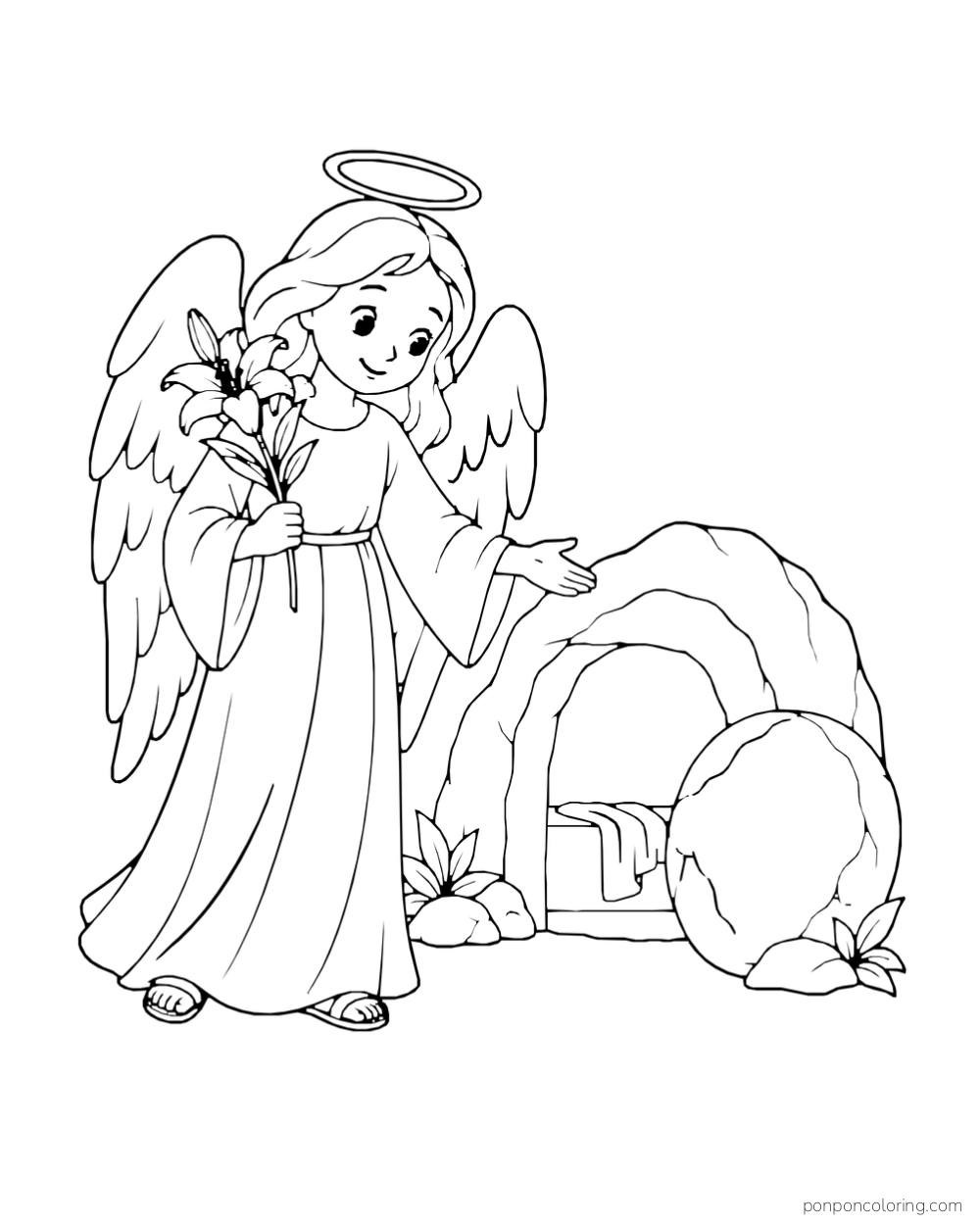 An angel holding lilies gestures toward an empty tomb with its stone rolled aside.