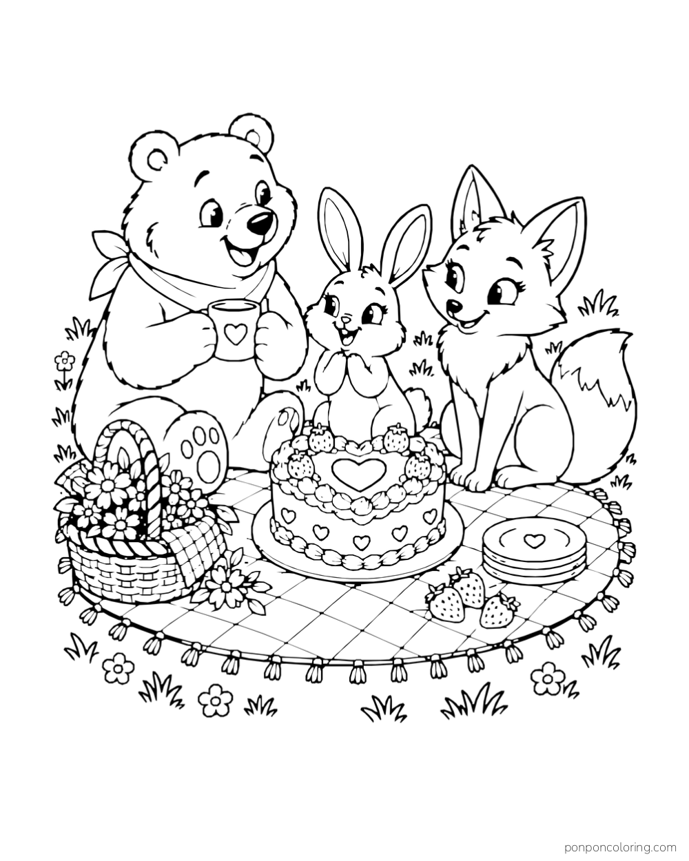 A bear, rabbit, and fox gather around a heart cake on a picnic blanket beside a flower basket.