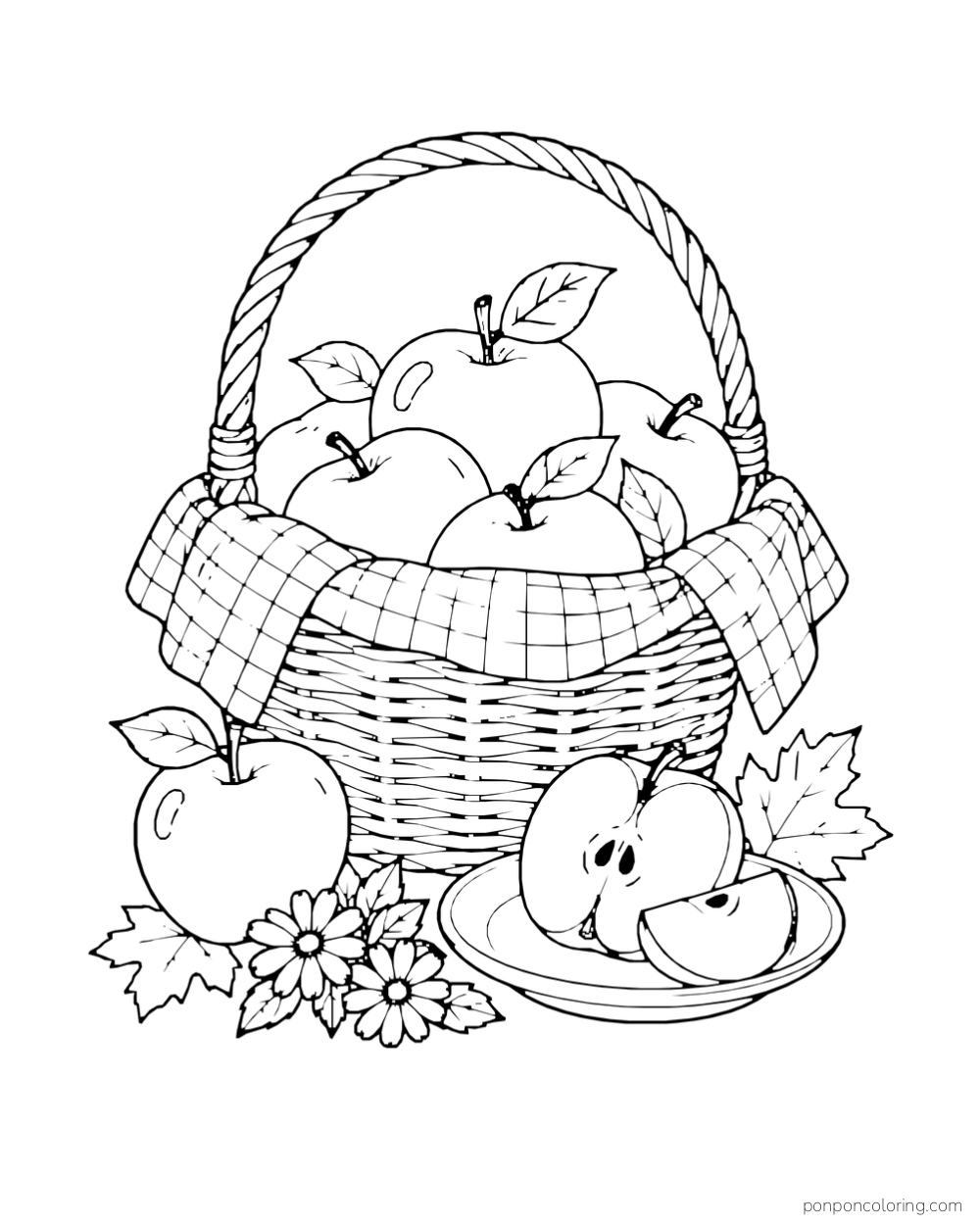 A woven basket holds apples above a checked cloth beside sliced apples on a plate.