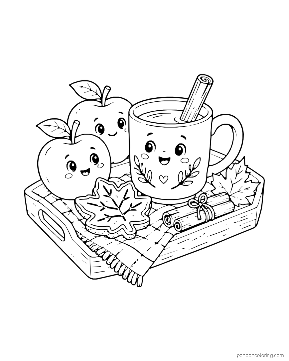 A smiling cider mug and two apples sit on a tray with cinnamon sticks and a leaf-shaped cookie.