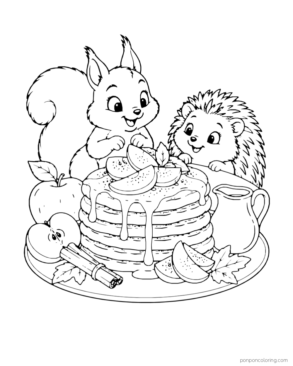 A squirrel and hedgehog share a stack of pancakes topped with apple slices beside a syrup jug.
