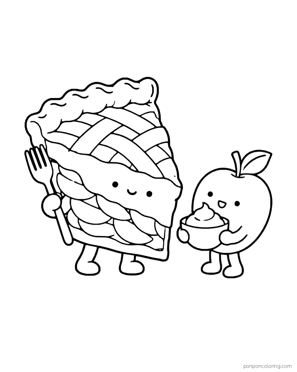 An apple pie slice holds a fork beside an apple carrying a bowl of cream.