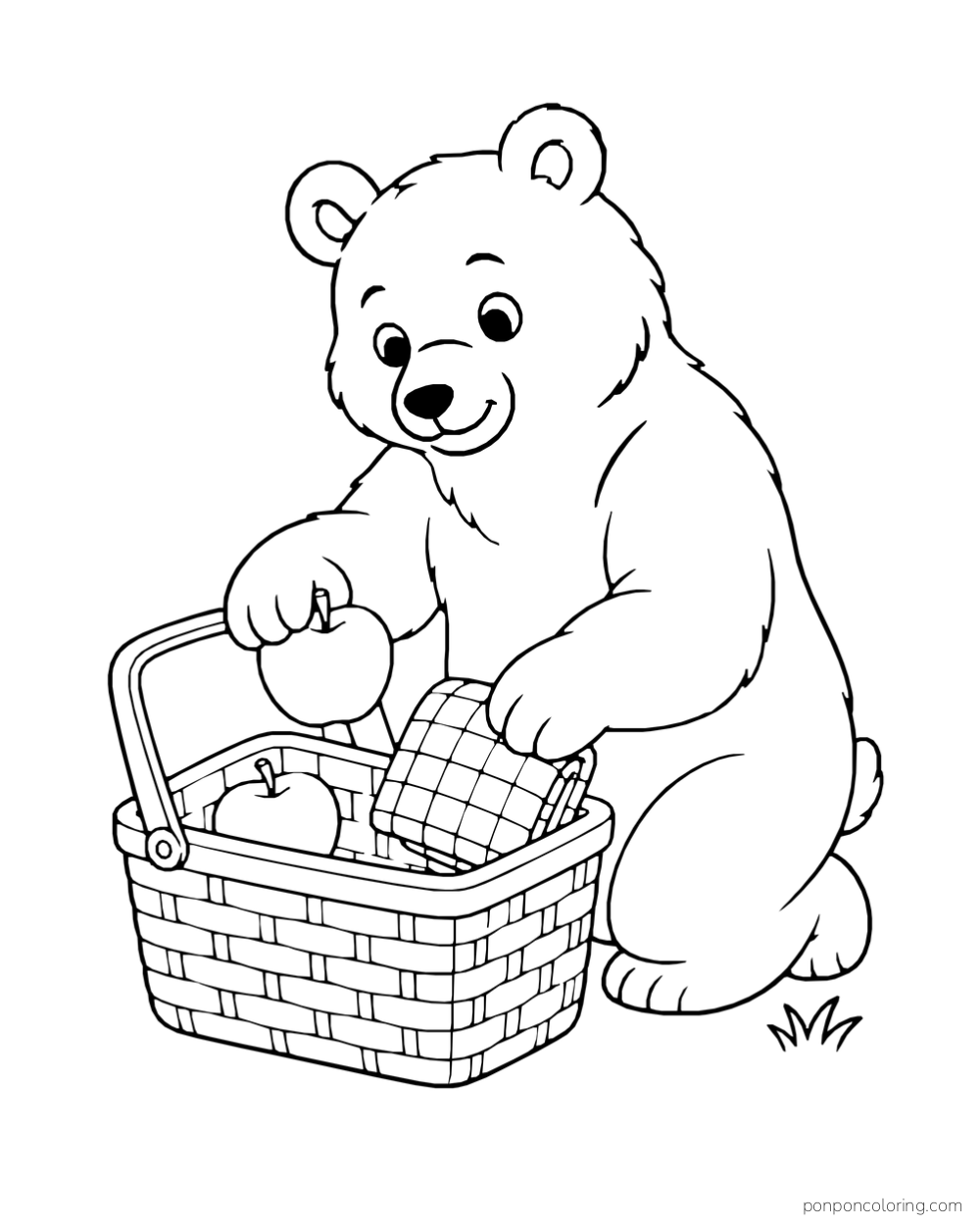 A kneeling bear packs an apple and a folded checked cloth into a wicker basket.