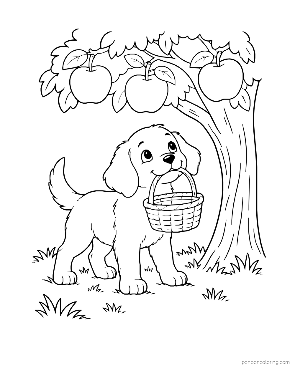 A puppy carries an empty basket beneath an apple tree with three fruits.
