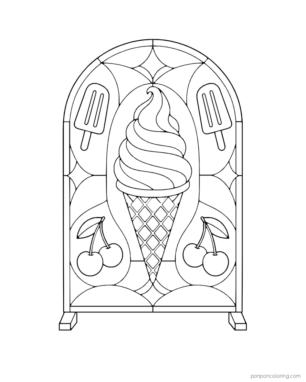 A freestanding arched panel displays a soft-serve cone and ice pops with cherry motifs.