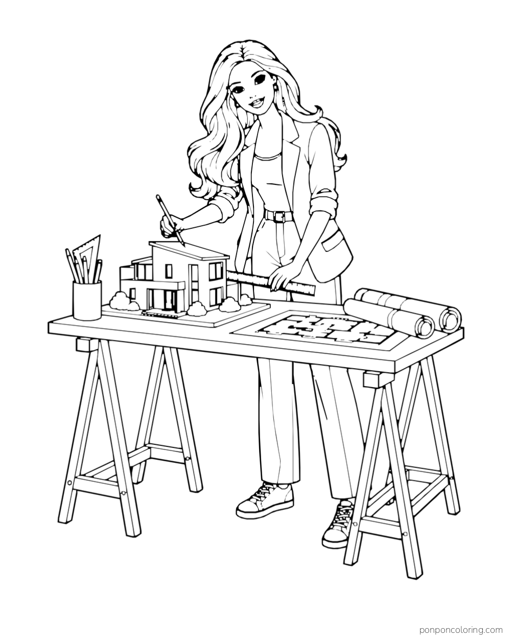 Barbie works on a model house at a drafting table with a ruler, pencils and rolled plans.