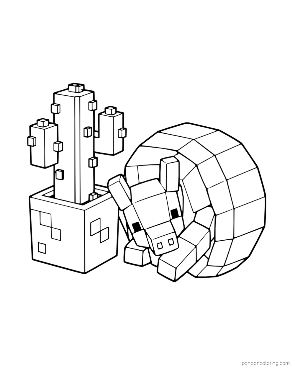 A curled armadillo rests beside a cactus growing from a square block.