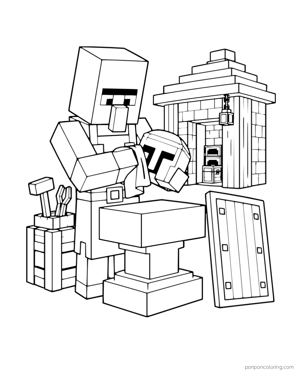 A villager armorer polishes a helmet beside an anvil, shield, tool crate, and small forge.