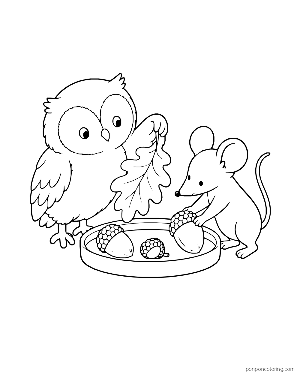 An owl holds an oak leaf while a mouse places an acorn in a shallow tray with another acorn and a detached cap.