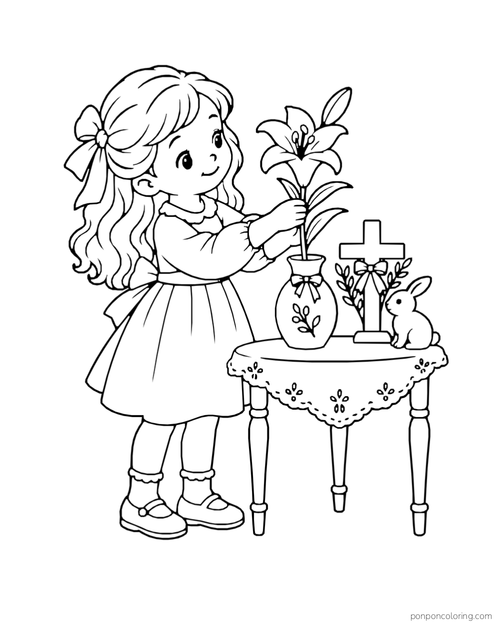 A child places a lily in a decorated vase beside a small cross and rabbit ornament.
