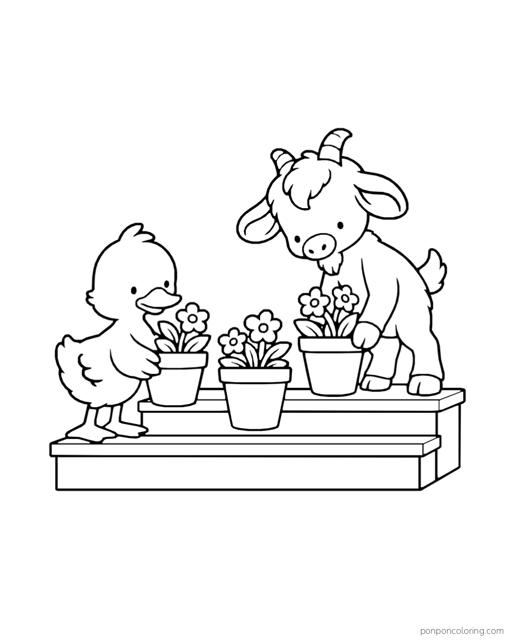 A duck and goat arrange three flowerpots on two steps.