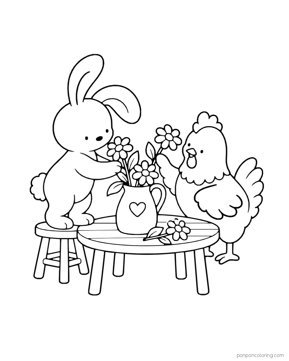 A rabbit and hen put flowers in a heart-decorated pitcher on a round table.