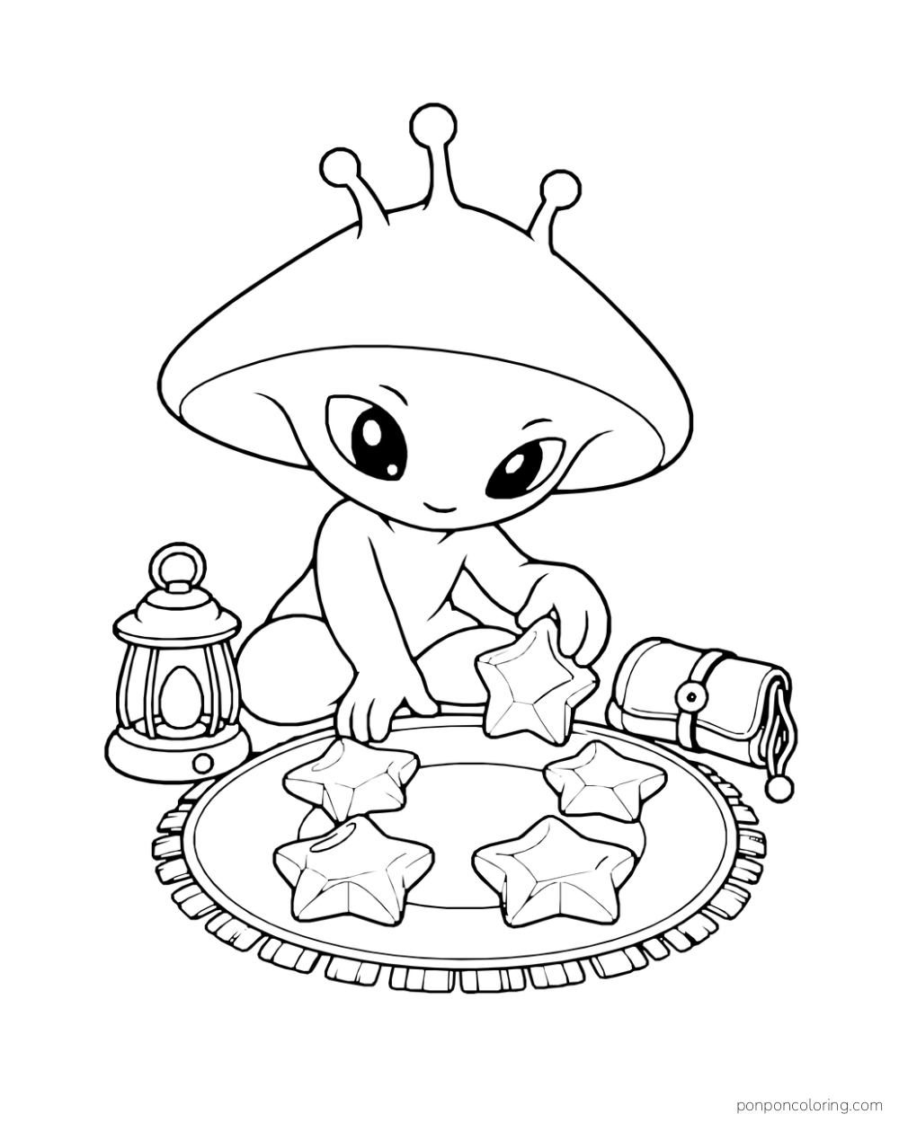 An alien places star-shaped stones in a circle on a round mat.