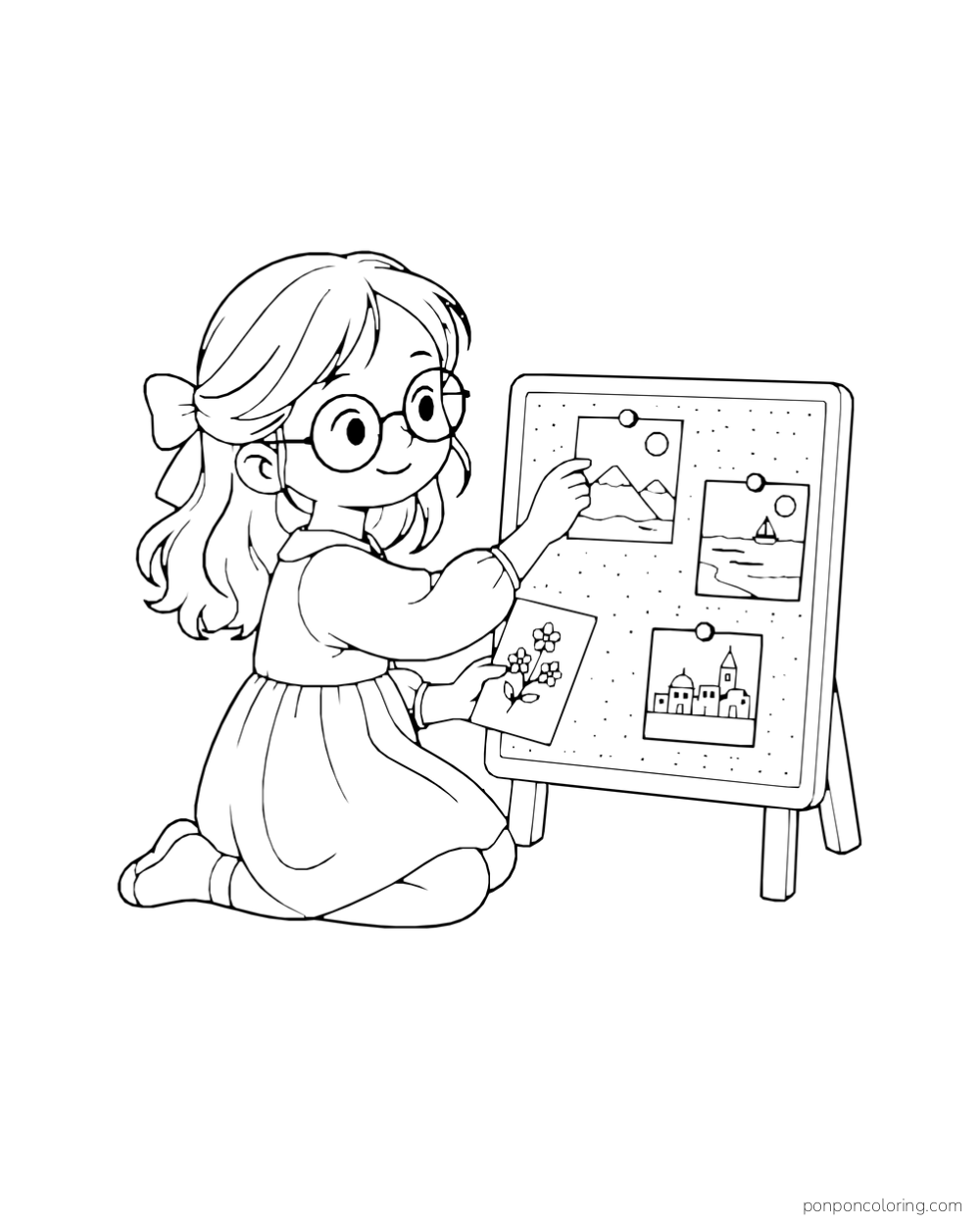 A girl with round glasses pins illustrated postcards to a small standing cork board.