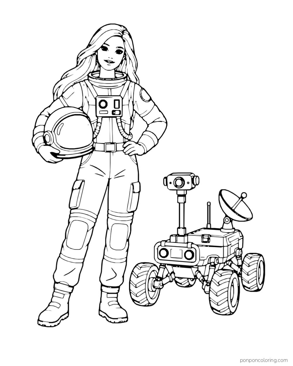 Barbie holds a helmet in a spacesuit beside a small rover with a camera and dish.