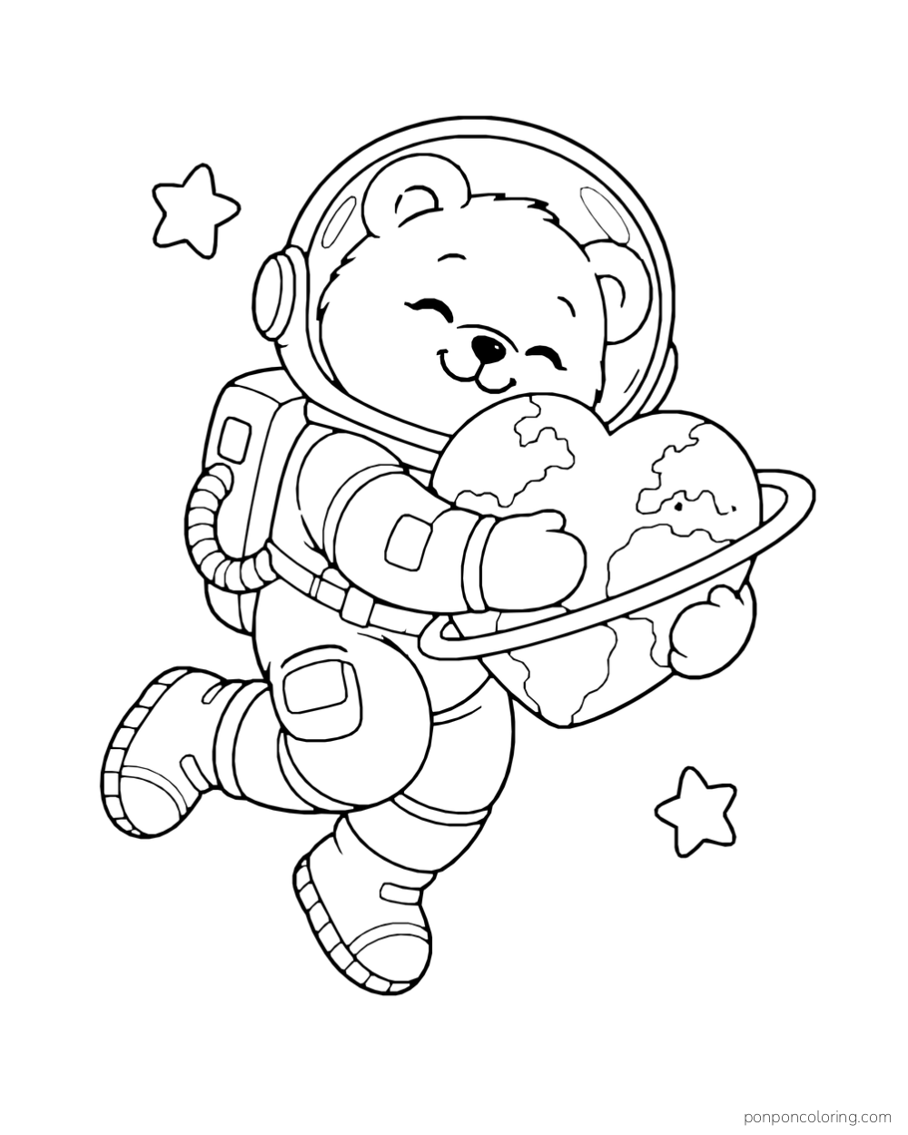 A bear in a spacesuit hugs a heart-shaped ringed planet beside two stars.