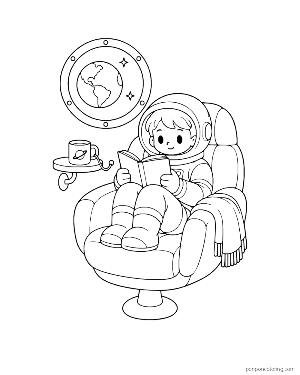 A small astronaut reading an open book in a padded chair beside a tethered mug and blanket, with Earth in a round porthole.