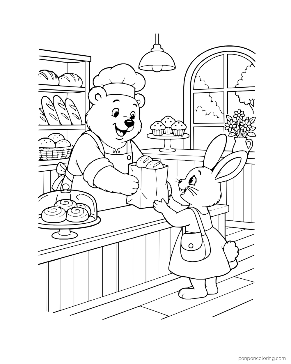 A bear baker passes a bag of rolls across the counter to a rabbit customer.