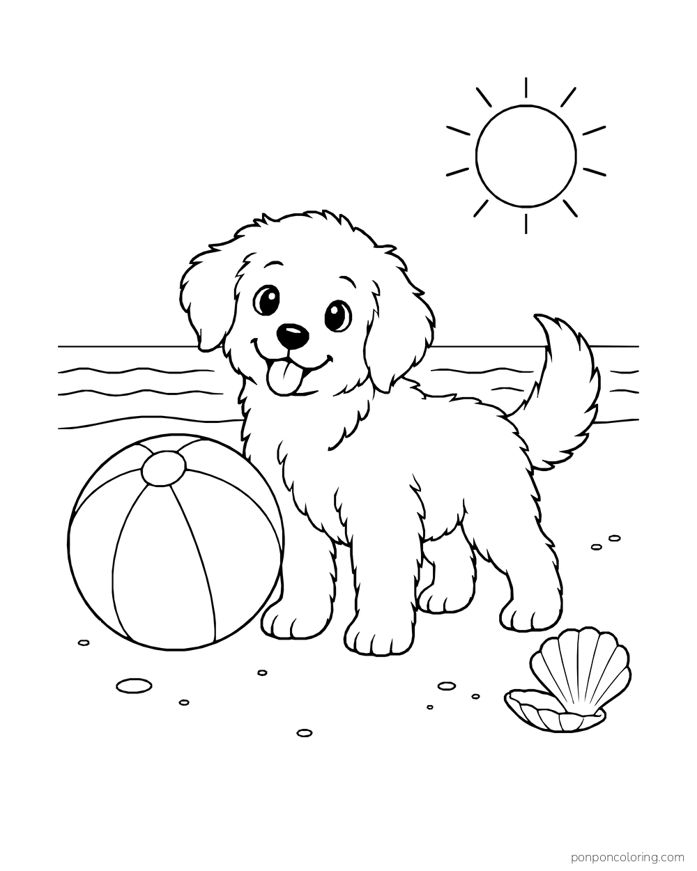 A fluffy puppy stands at the beach beside a striped ball and scallop shell, with sun and waves behind.