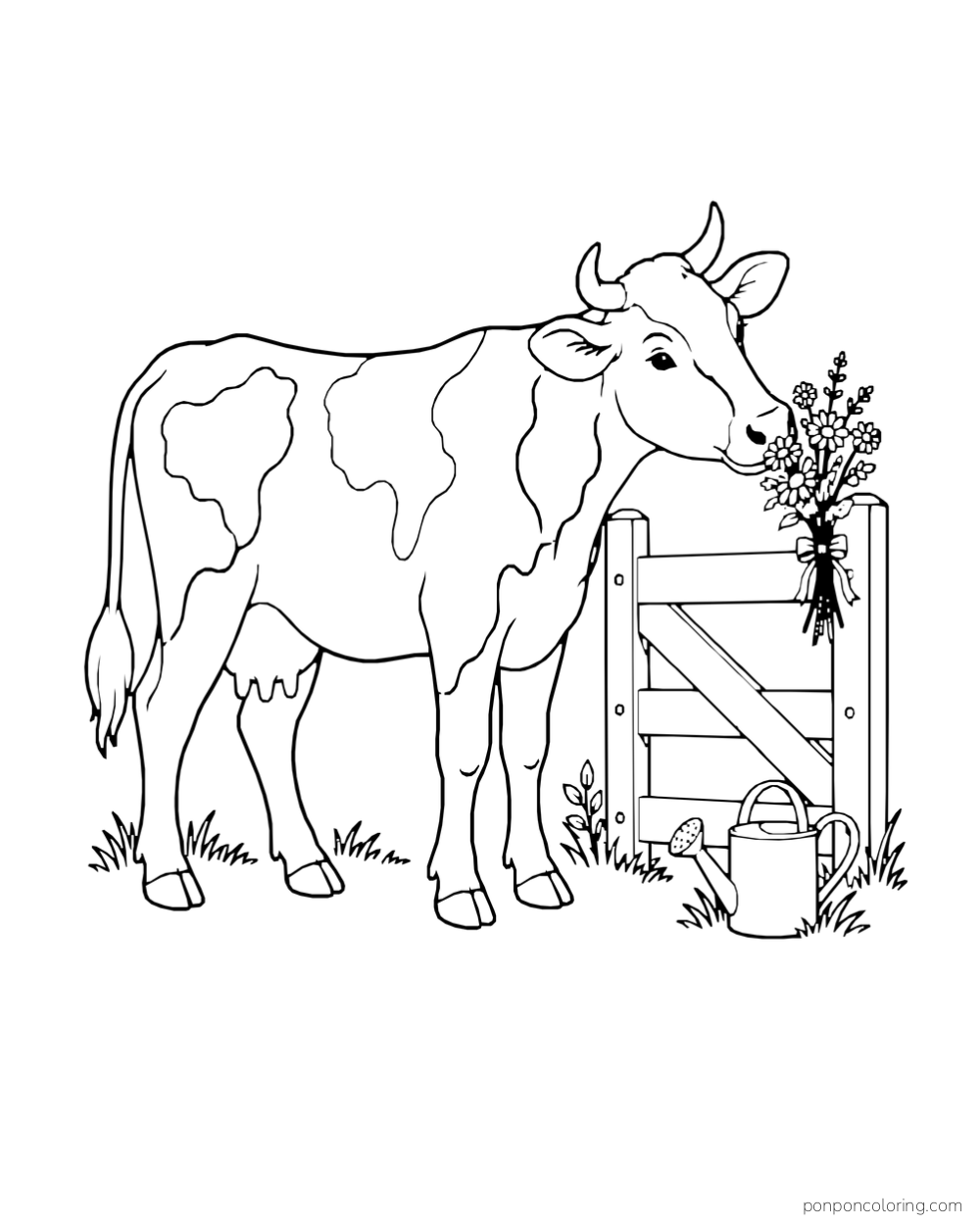 A spotted cow sniffs a bunch of flowers hanging from a wooden gate beside a watering can.