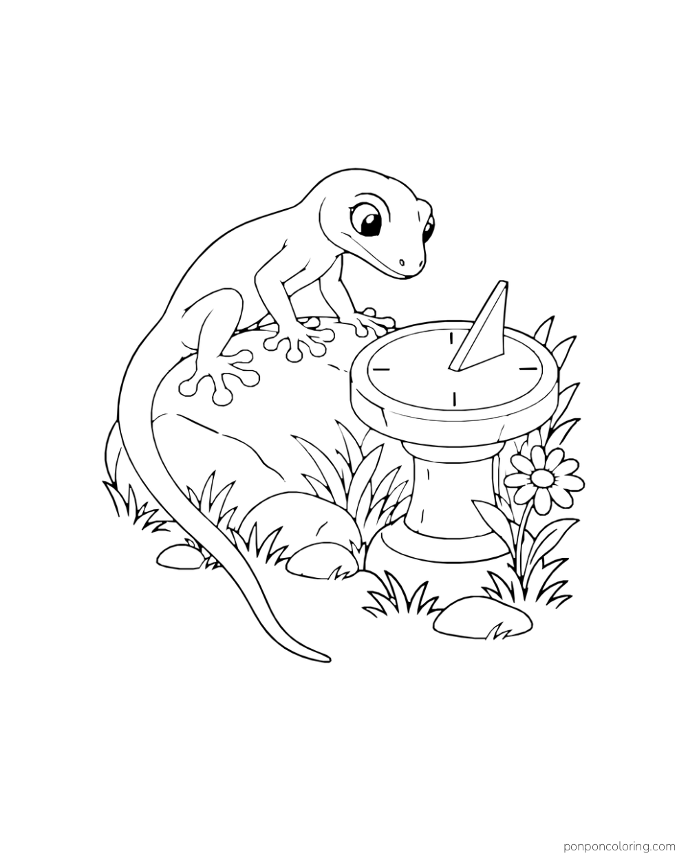 A gecko on a smooth rock looks toward a low round sundial among grass and one daisy.