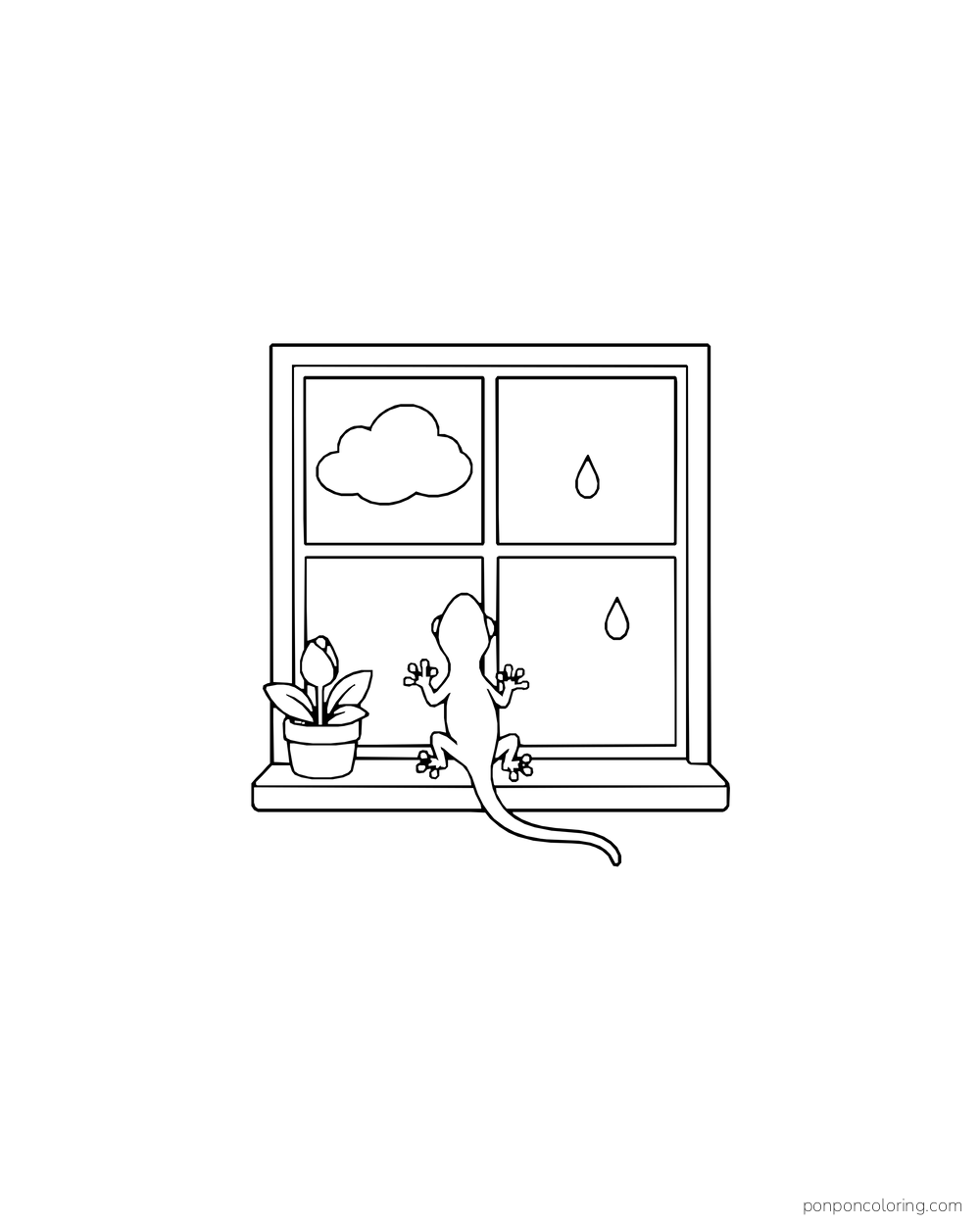 A gecko viewed from behind rests on a window sill beside a small plant, with a cloud and raindrops beyond the panes.