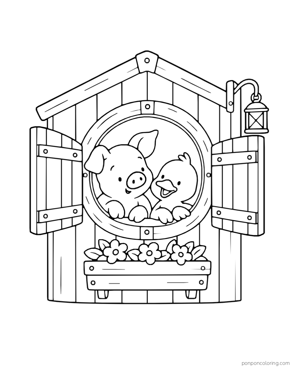 A pig and duck look out of a round window with open shutters and a flower box.