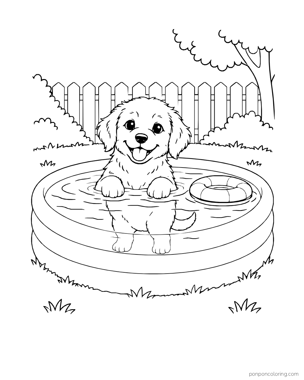 A puppy rests its front paws in a shallow round pool beside a floating ring.