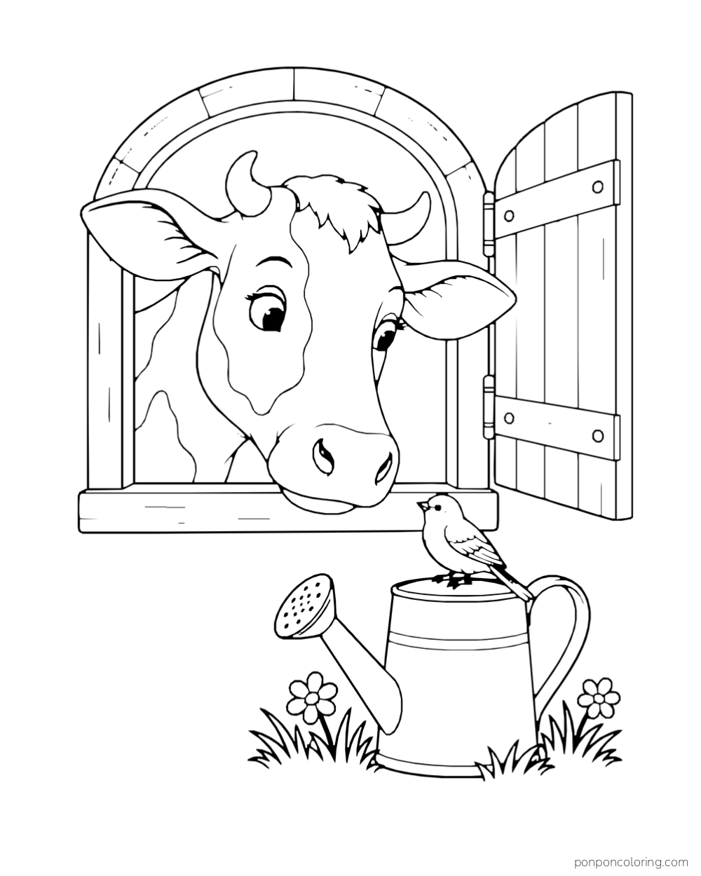 A cow leans through an open stable window toward a bird perched on a watering can.