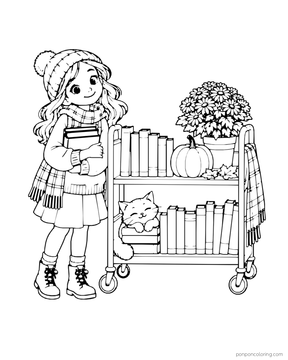 A girl holds books beside a library cart with flowers, a pumpkin, and a sleeping kitten.