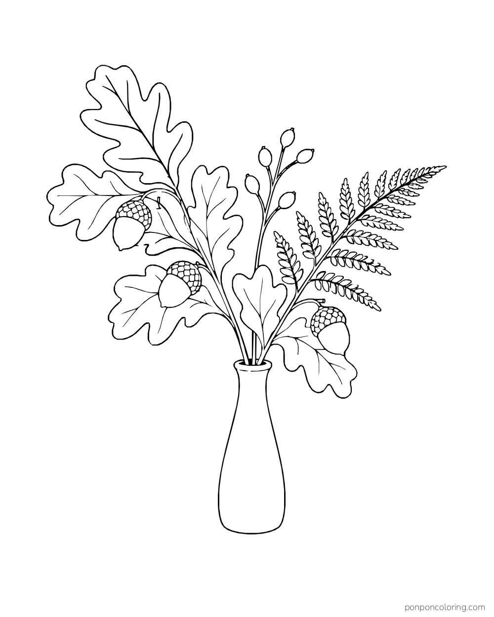 Oak leaves, acorns, a fern frond and seed stems spread from a narrow vase.