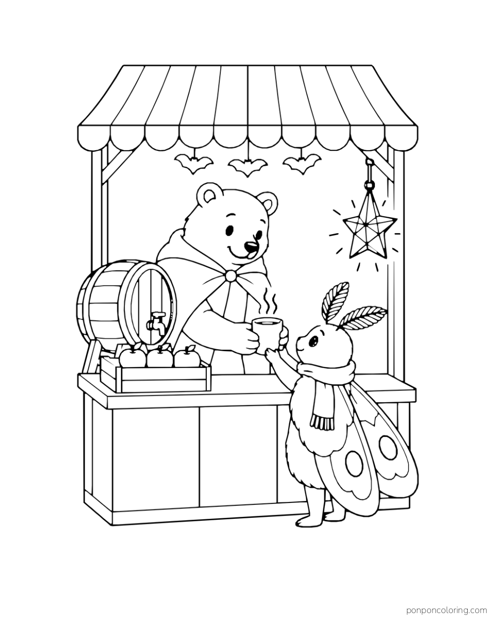 A bear vendor hands a cup of warm cider to a young moth at a striped stall with apples, a barrel, bat cutouts and a star lantern.