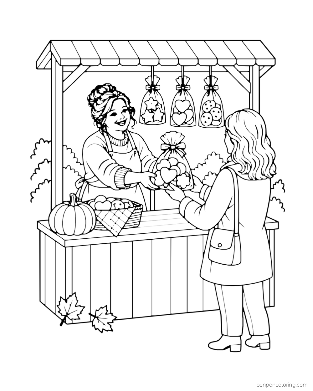 A market vendor hands a bag of cookies to a shopper at an autumn stall.